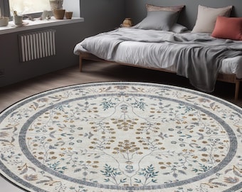 Boho Chic Elegance Round Floral Rug, Turkish Round Unique Rug, Washable Non-Slip Rug, Distressed Large Area Rug, Rugs for Living Room
