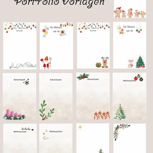 Könnte beinhalten: Eine Sammlung von 13 weihnachtlichen Portfolio-Vorlagen. Jede Vorlage zeigt festliche Illustrationen, darunter Lebkuchenmänner, Weihnachtsbäume und Rentiere. Der Text enthält "Der Nikolaus kommt" und "Adventszeit".