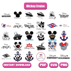 May include: A collection of black and white Disney Cruise Line themed graphics. Designs include Mickey Mouse silhouettes, cruise ships, anchors, and text such as "Dream", "Magic", and "Wish". The image also includes the text "Mickey Cruise" and "Instant Download".