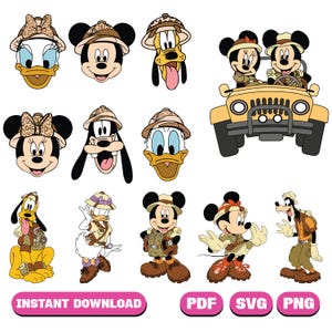 Puede incluir: Una colección de imágenes de personajes de dibujos animados, incluyendo Mickey Mouse, Minnie Mouse, el Pato Donald, Goofy y Pluto, todos con atuendos de safari. Los personajes se representan en varias poses, algunos en un jeep, con las palabras "INSTANT DOWNLOAD", "PDF", "SVG" y "PNG" en la parte inferior.