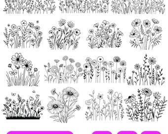 Paquete de SVG de flores silvestres, SVG de flores, Paquete de SVG florales, Ramo de flores minimalista, Prado de flores, SVG de boceto de flores, SVG de silueta de Cricut