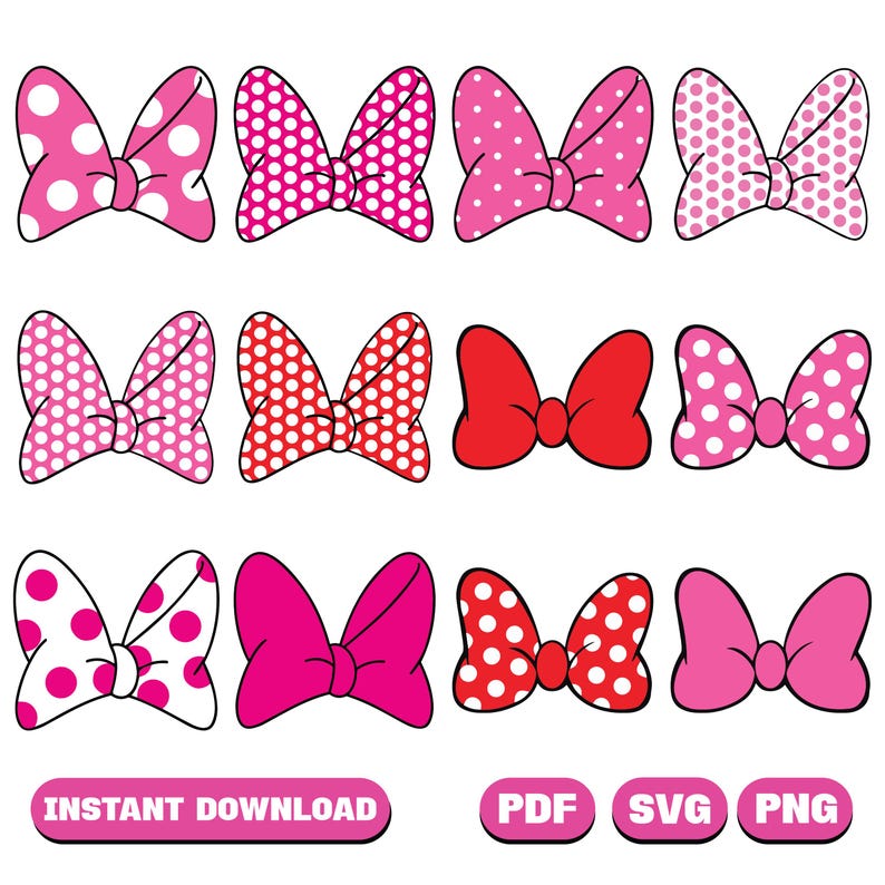 Pu&ograve; includere: Una collezione di fiocchi in stile cartone animato in varie tonalit&agrave; di rosa e rosso, con pois bianchi. I fiocchi sono disposti in righe e colonne. L'immagine include il testo "INSTANT DOWNLOAD", "PDF", "SVG" e "PNG".