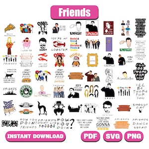 Könnte beinhalten: Eine Sammlung digitaler Aufkleber und Grafiken zum Thema Friends. Enthält Sätze wie "How you doin'?" und "Unagi!", Charakterillustrationen und ikonische Bilder aus der Serie. Der Text "Instant Download" ist ebenfalls enthalten.