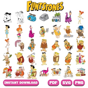 May include: A collection of colorful cartoon illustrations of characters and objects from The Flintstones. The image includes the show's logo and download options for PDF, SVG, and PNG files. The characters are in various poses.