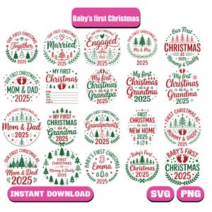 Puede incluir: Una colección de diseños digitales con temática navideña con texto. Los diseños incluyen frases como "Baby's First Christmas", "Married" y "Mom & Dad", cada una rodeada de coronas y árboles festivos. La combinación de colores es principalmente roja, verde y blanca.