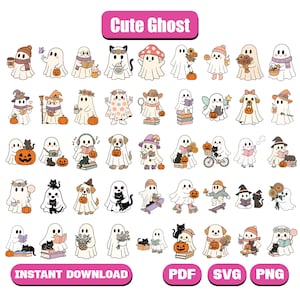 Cute Ghost Halloween svg Bundle, Spooky Season, Halloween svg, Retro Ghost svg, Dog Ghost svg, Ghost Reading svg, Retro Floral Ghost svg