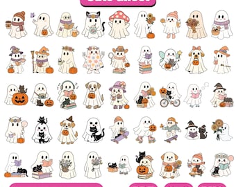 May include: A collection of cute ghost illustrations in various styles, each holding items like pumpkins, books, and flowers. The text "Cute Ghost" is at the top, with "Instant Download", "PDF", "SVG", and "PNG" at the bottom.