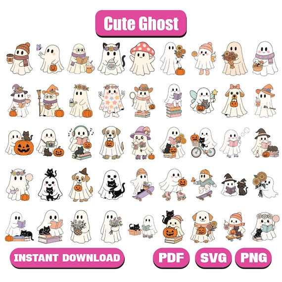 Cute Ghost Halloween svg Bundle, Spooky Season, Halloween svg, Retro Ghost svg, Dog Ghost svg, Ghost Reading svg, Retro Floral Ghost svg
