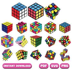 May include: A collection of colorful Rubik's Cubes in various solved and unsolved states. The cubes feature a grid pattern with red, blue, yellow, green, orange, and white squares. Text at the bottom reads "INSTANT DOWNLOAD", "PDF", "SVG", and "PNG".