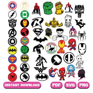 Logo Superbohatera SVG, Superbohater SVG, Komiks SVG Bundle, Nietoperz SVG, Anime SVG Bundle, najsłynniejsi superbohaterowie Pliki Cut SVG