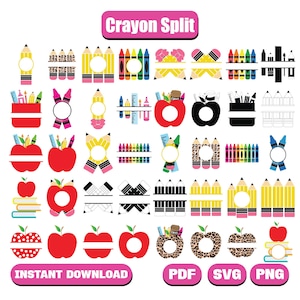 Puede incluir: Una colección de diseños digitales con temática escolar que incluyen lápices, manzanas, crayones y otros útiles escolares. Los diseños incluyen el texto "Crayon Split" y "Instant Download" en una pancarta rosa, junto con los botones "PDF", "SVG" y "PNG".