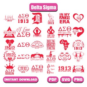May include: A collection of 24 red and white digital designs featuring the Greek letters Delta Sigma Theta and the year 1913. The designs include various combinations of the letters, the year, and other symbols such as a heart, a crown, and an elephant.