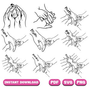 Puede incluir: Ilustraciones en blanco y negro de manos en varias poses. Algunas imágenes muestran manos sosteniendo un bebé, otras manos sosteniéndose. El texto incluye "Mom", "Mama", "Gigi" y "Grandma".
