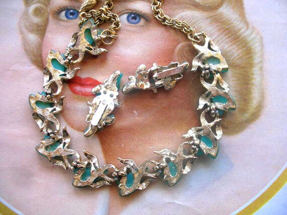 Vintage Teal Thermoset Necklace and Clip Earring … - image 3