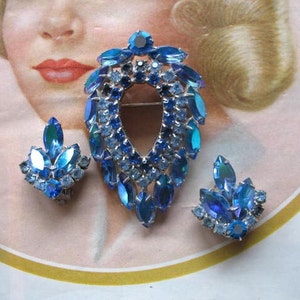 Vintage sarah Coventry Blue Lagoon Brooch and Clip On Earring Set