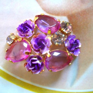 Vintage Amethyst & Crystal Rhinestones and Enamel Flowers Brooch