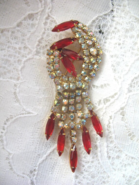 Vintage Rhinestone Brooch ~ Red & AB Crystal Rhine