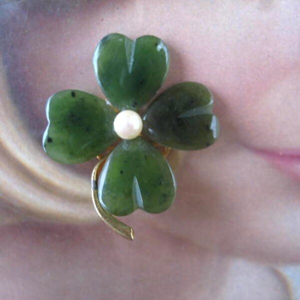Vintage Jade & Pearl Four Leaf Clover Brooch