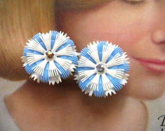 Vintage Soft Plastic & Rhinestone Flower Earrings ~ Clip On ~ Blue - Germany