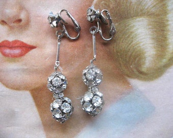 Boucles d'oreilles boules disco vintage en cristal et strass ~ Clip On