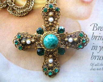 Vintage West Germany Filigree Jeweled Cross Pendant/Brooch