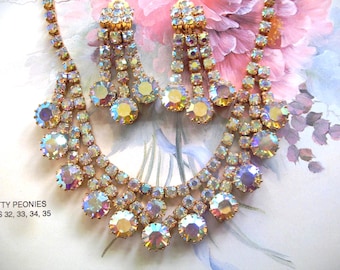 Vintage AB Rhinestone  Necklace and Clip On Dangle Earring Set