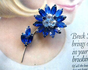 Vintage Rhinestone Flower Brooch ~ Blue Rhinestones ~ Open back