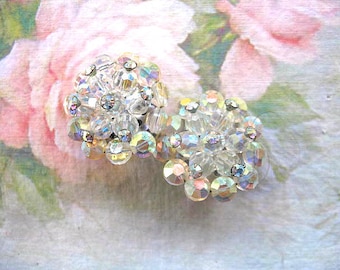 Vintage Cluster Earrings ~ Clip On ~ AB Crystal Beads