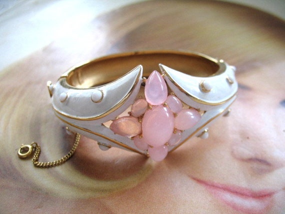 Vintage ~ RARE ~ White Enameled Pink "Moonstone" … - image 2