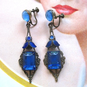 Vintage Art Deco Blue Rhinestone Dangle Earrings ~ Screwback ~ Czech?