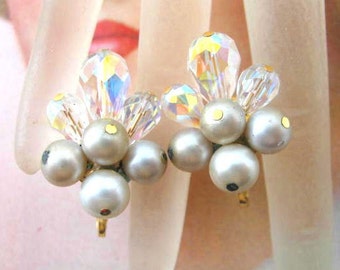 Vintage Cluster Earrings ~ Clip On ~ Silver Pearl Beads & Ab Crystal Glass Beads ~ Vendome