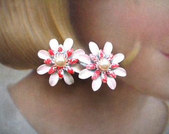 Vintage Enamel Flower Earrings ~ Pink & White with Pearls ~ Clip On
