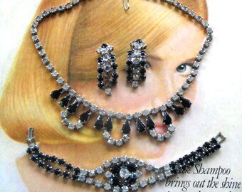 Collier vintage avec strass noirs et cristaux ~ Bracelet ~ Ensemble de boucles d'oreilles à clip