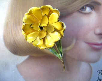 Vintage Enamel Stemmed Flower Brooch ~ Yellow