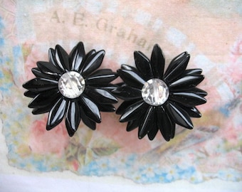 Vintage Flower Earrings ~ Clip On ~ Black Glass Flower