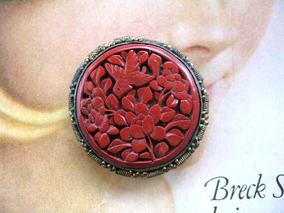 Victorian Chinese Cinnabar Lacquer Brooch ~ China… - image 1