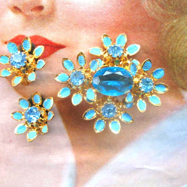 Vintage Austrian Rhinestone Brooch and Clip Earrings Set ~ Turquoise Flowers
