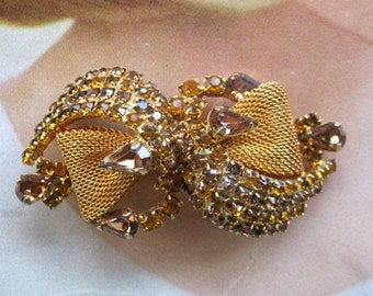 Vintage Rhinestone Bow Brooch ~ Topaz Rhinestones