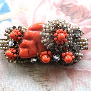 Vintage Miriam Haskell Brooch ~ Coral Glass ~ Early Unsigned Miriam Haskell