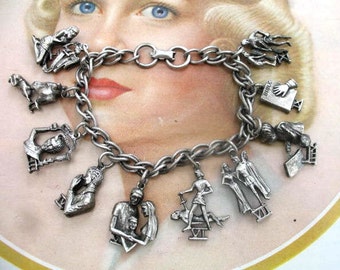 bracelet à breloques Coro dix commandements vintage ~ ton argent