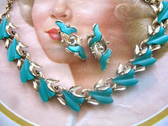 Vintage Teal Thermoset Necklace and Clip Earring … - image 2