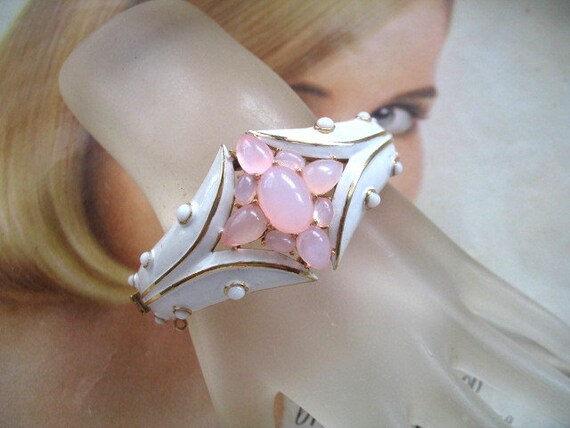 Vintage ~ RARE ~ White Enameled Pink "Moonstone" … - image 5