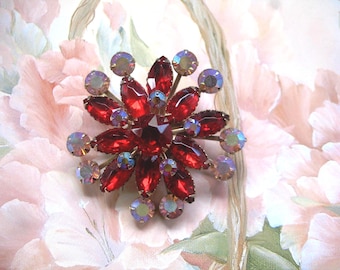 Vintage Rhinestone Brooch ~ Red & AB Pink Rhinestone