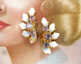 Vintage Fancy Enamel & Rhinestone Flower Earrings ~ Clip On ~ Elegant