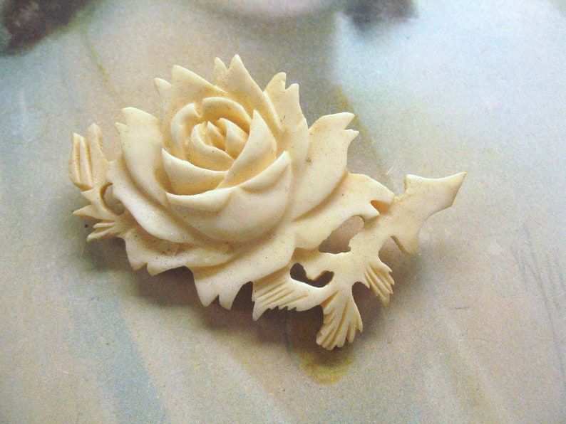 Vintage Carved Rose Bone Brooch