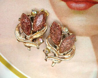 Vintage Goldstone & Rhinestone Earrings ~ Clip On