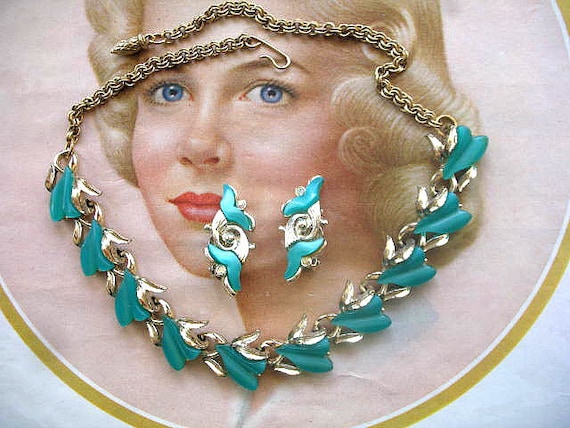 Vintage Teal Thermoset Necklace and Clip Earring … - image 1