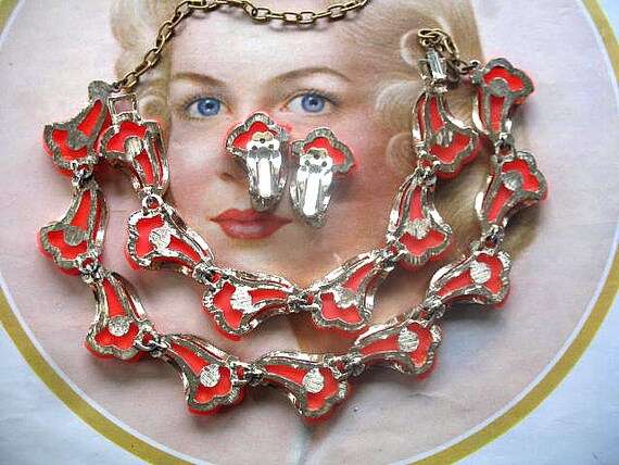 Vintage Orange Thermoset Necklace, Bracelet & Cli… - image 2