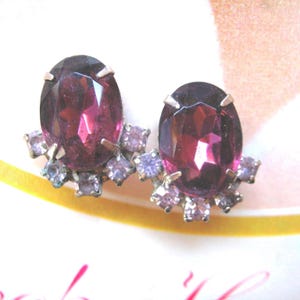 Vintage Rhinestone Earrings ~ Clip On ~ Chunky Purple & Lavender Rhinestones