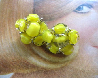 Vintage Fancy Cluster Earrings ~ Clip On ~  Yellow Givre Glass Beads ~ West Germany